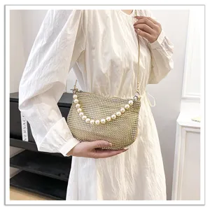 Rhinestone evening bag with pearl handle, elegant sparkly shoulder bag for party and wedding.