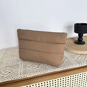 Brown quilted cosmetic bag minimalist puffer clutch versatile daily casual purse stylish pouch