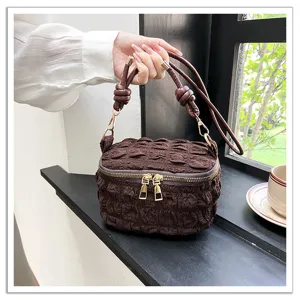 Brown ruched mini handbag, cloud bubble shoulder bag with zipper and knotted handles for women.