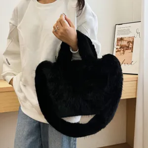 Black fluffy plush handbag for women, soft furry shoulder tote bag and casual purse.