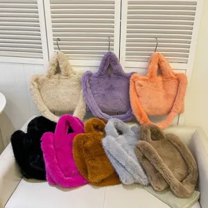 Detailed view of fluffy plush tote bags in multiple vibrant colors for casual daily wear.