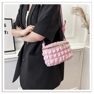 Pink mini ruched cloud crossbody bag cute puffy shoulder handbag detail view for daily style
