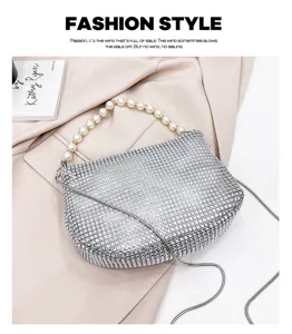 Silver rhinestone evening bag with pearl handle and metal chain for party and wedding events.