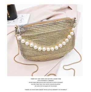 Stunning rhinestone evening bag with elegant pearl chain and metal strap for women party wear.