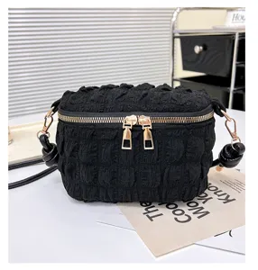 Black pleated cloud handbag mini crinkled crossbody bag cute shoulder cosmetic purse.