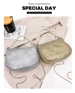 Fashion rhinestone pearl handbag stylish shoulder evening party bag luxury sparkling diamond purse