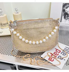 Detailed view of a Korean style sparkling rhinestone evening shoulder bag with elegant pearl chain.