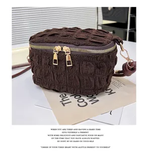 Brown ruched mini vanity bag, cute cloud cosmetic bag with secure zipper and shoulder strap.