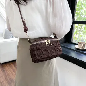 Stylish brown pleated mini crossbody bag for women, cute cloud handbag with zipper.