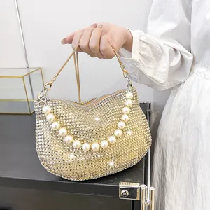 Rhinestone pearl evening handbag for women, sparkling diamond shoulder bag, party purse.