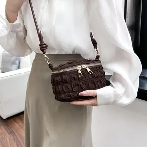 Stylish dark brown pleated mini crossbody bag, cute cloud vanity shoulder bag for daily chic.