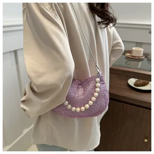 Stunning purple rhinestone shoulder bag with pearl handle and metal chain for women party evening.