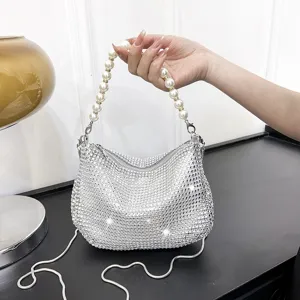 Silver rhinestone evening bag with pearl handle, sparkling crystal shoulder handbag for party.