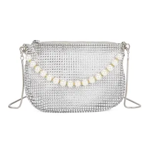 Silver rhinestone evening shoulder bag with elegant pearl chain strap for women party
