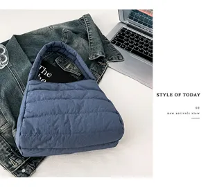 Puffer nylon shoulder bag detail view, casual solid color underarm bag for autumn daily use.