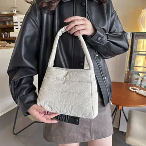 Stylish minimalist nylon underarm shoulder bag, solid color casual quilted lightweight tote.