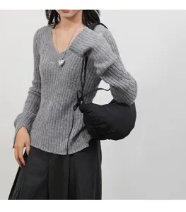 Stylish black nylon pleated shoulder dumpling bag for women, minimalist casual crossbody bag.