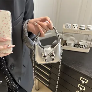 Korean style bow kids handbag cute mini silver chain crossbody bag for autumn toddler girls