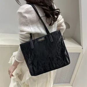Women black crinkled tote bag casual vintage shoulder bag large capacity commuting purse