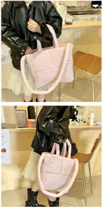Pink quilted tote bag for women, large capacity shoulder cloud bag, padded casual handbag