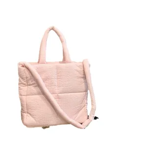 Pink padded puffer tote bag with square stitching cloud design, large capacity shoulder handbag.