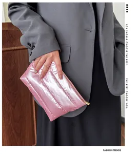 Korean style shiny pink quilted clutch bag, fashionable soft padded tote shoulder bag for women.