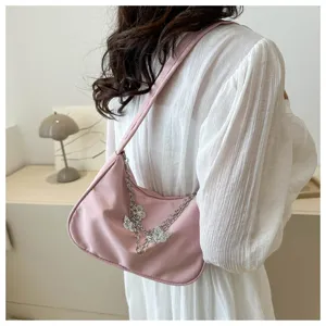 Bolso de hombro rosa con cadena de mariposa plateada, elegante bolso para mujer.