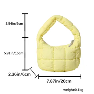 Yellow quilted puffer cloud bag detail with dimensions, compact mini underarm handbag specs.