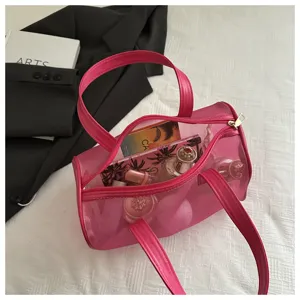 Translucent pink PVC jelly handbag, large capacity waterproof cosmetic bag and cute gift tote.