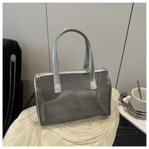 Silver grey translucent mesh handbag, stylish portable jelly bag detail view for daily.