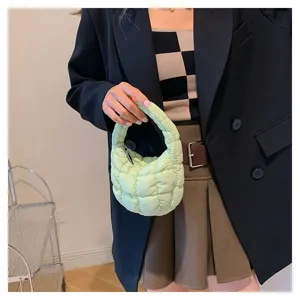 Light green quilted puffer cloud handbag, trendy minimalist mini hobo underarm shoulder bag.