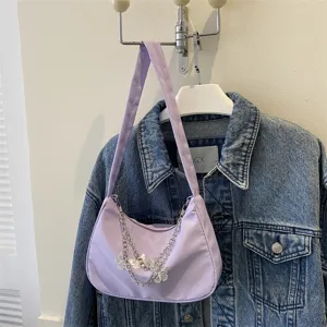 Bolso de hombro hobo morado para mujer, elegante bolso de axila con cadena y mariposa.