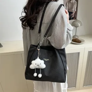 Women corduroy tote bag casual shoulder bag large capacity commuting bag with plush pendant