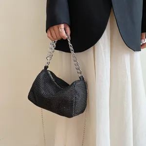 Black rhinestone chain evening bag, trendy fashion sparkly handbag and crossbody purse for women.