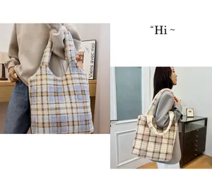 Plush plaid tote bag for women, cozy winter shoulder bag, large capacity casual commuting handbag.