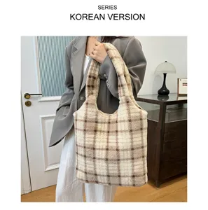 Plush plaid tote bag for women, cozy fuzzy shoulder bag, casual aesthetic winter handbag.