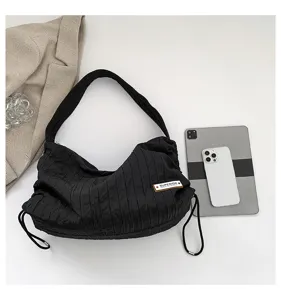 Black pleated hobo shoulder bag detail, casual commute large capacity daily fashion handbag.