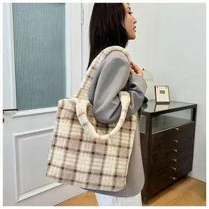 Large capacity women plush plaid tote bag retro style casual shoulder handbag for daily commute.