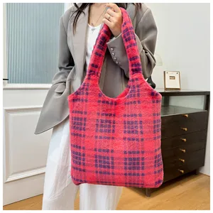 Fluffy pink plaid tote bag detail view, soft plush shoulder bag for women daily commute.