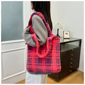 Korean style plaid fuzzy tote bag, large capacity retro shoulder bag for women daily commute.