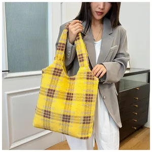 Yellow plaid plush tote bag for women, soft furry shoulder bag, casual aesthetic large capacity handbag.