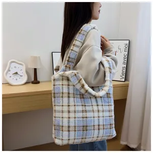 Fluffy plaid shoulder tote bag for women, large capacity cozy winter bag, stylish casual purse.