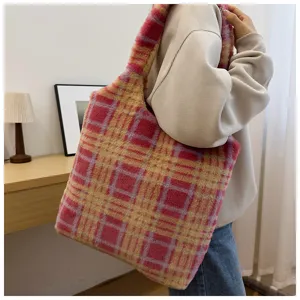 Plush plaid tote bag detail, retro style shoulder bag for women, casual daily commuter handbag.