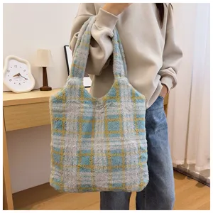 Fluffy plaid tote bag detailed view, large capacity shoulder bag for women daily commute.