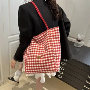 Women Large Capacity Canvas Tote Bag Casual Gingham Checkered Shoulder Bag Retro Simple Shopping Handbag