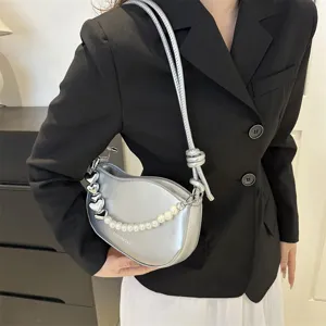 Women PU Leather Beaded Crossbody Bag Fashion Trendy Top Handle Shoulder Bag With Pearl Chain And Heart Pendant
