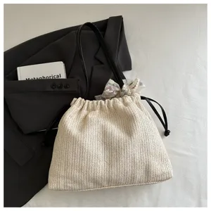 Straw woven shoulder bag for women with black straps chic floral scarf tote bag casual
