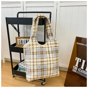 Fluffy plaid tote bag for women, cozy winter shoulder bag, retro casual shopper bag.