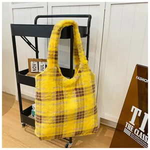 Yellow plaid plush tote bag detail shot, fluffy shoulder handbag for casual daily commute.