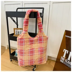 Fluffy plaid tote bag detail shot, vintage pink and yellow soft plush shoulder handbag.